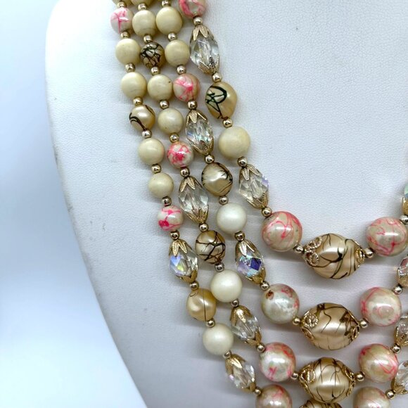 Vintage 4-Strand Japan Necklace Pink Swirled Beads Glass Acrylic Gold-Tone 1950s - Picture 5 of 16